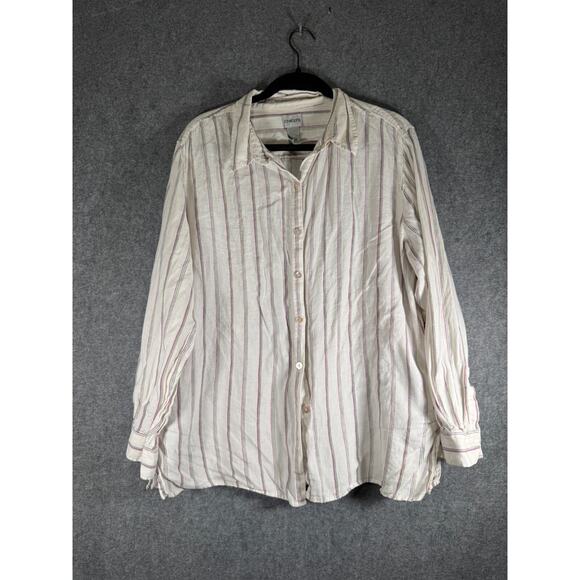 Chicos Blouse Women 3 XL Long Sleeve Striped Tunic‎ Button Front Coastal Relaxed - Picture 1 of 6